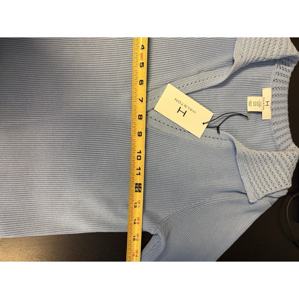 Halston Blue Ribbed Collared Top | Quiet Luxury Capsule Knit NWT French Coastal - Picture 9 of 11